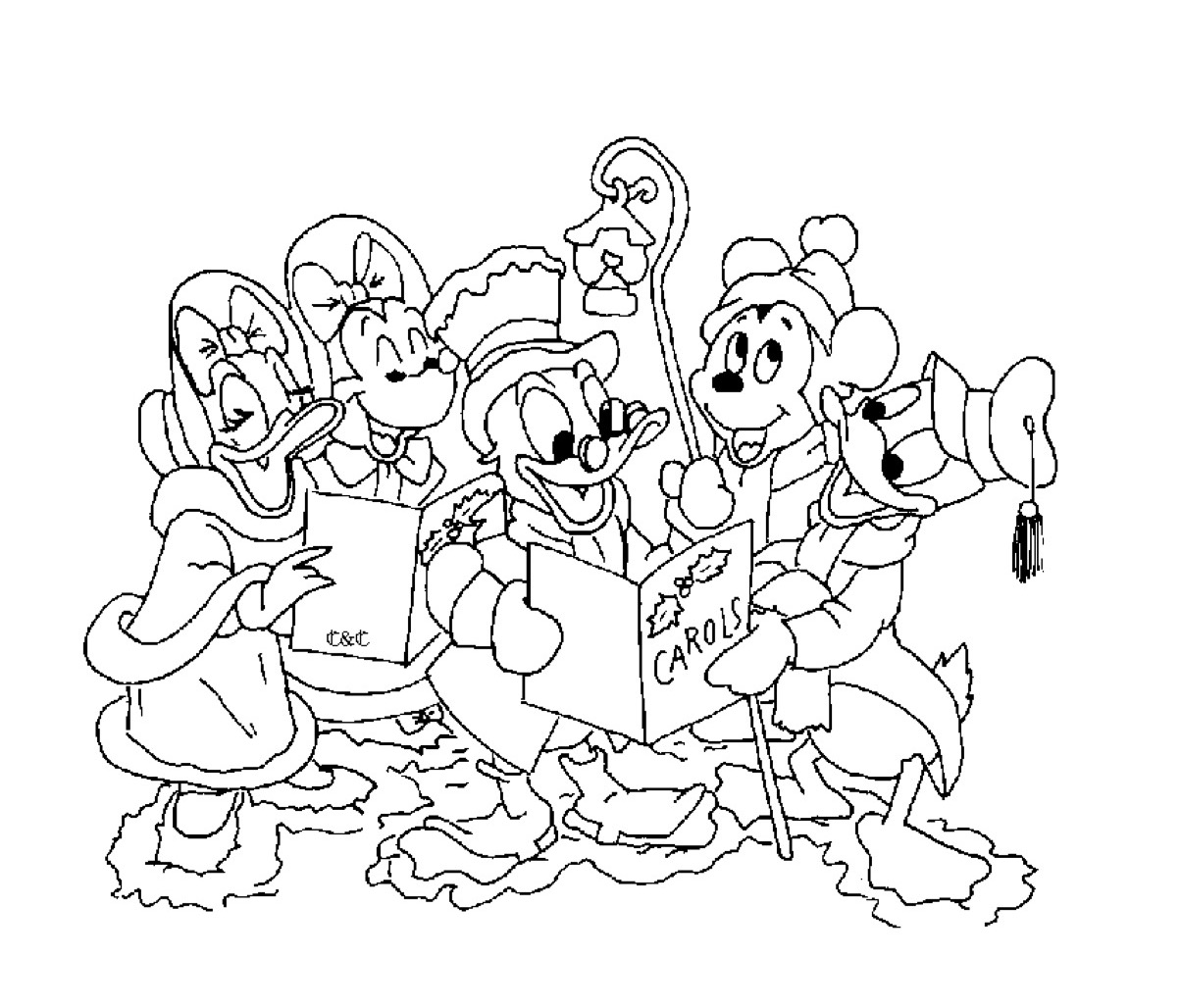 Gratis kleurplaat Kerstliederen zingen met Mickey, Mini, Donald, Katrien en oom Dagobert